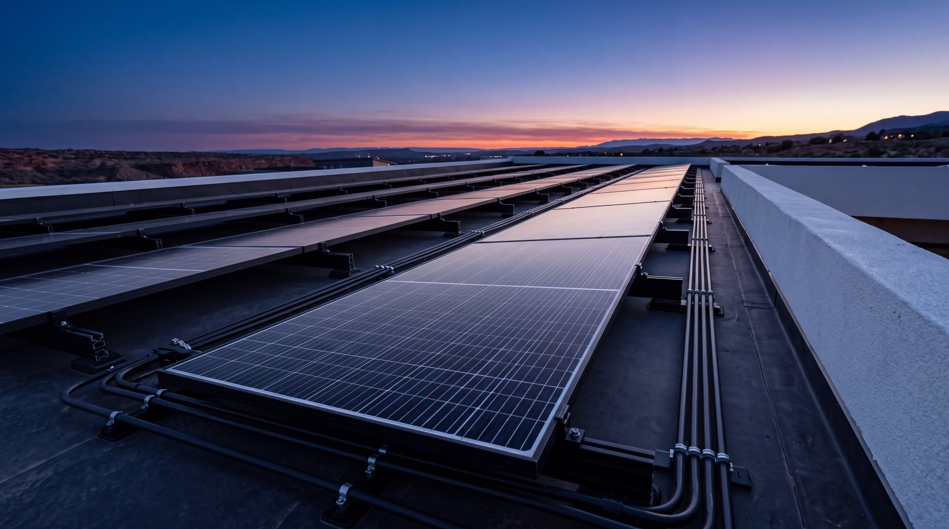 Paneles fotovoltaicos sobre el techo de una casa al anochecer